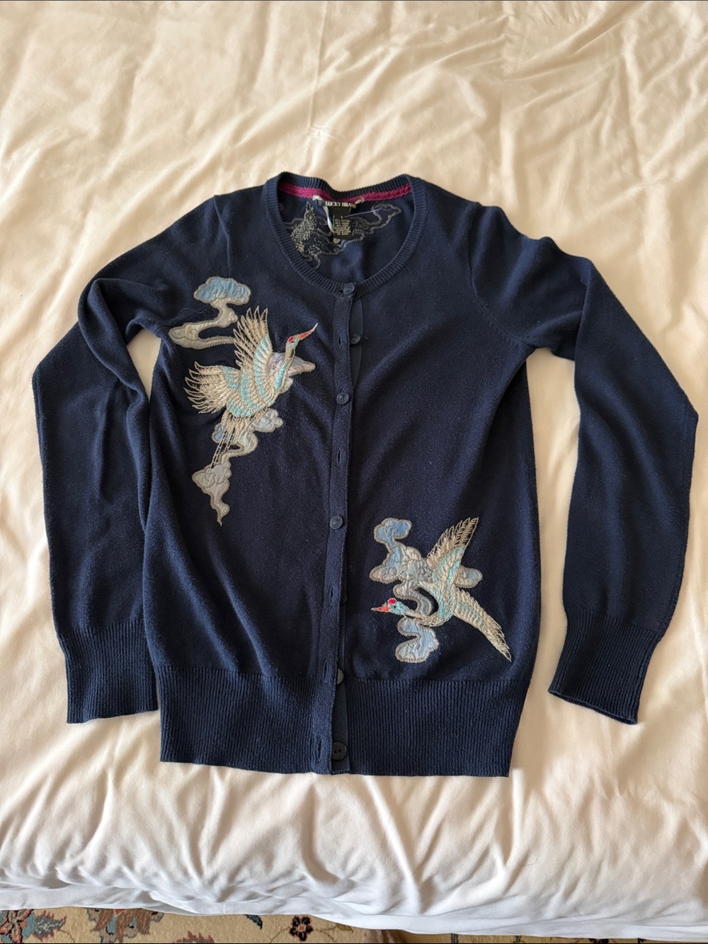 Lucky brand small bird embroidered cardigan